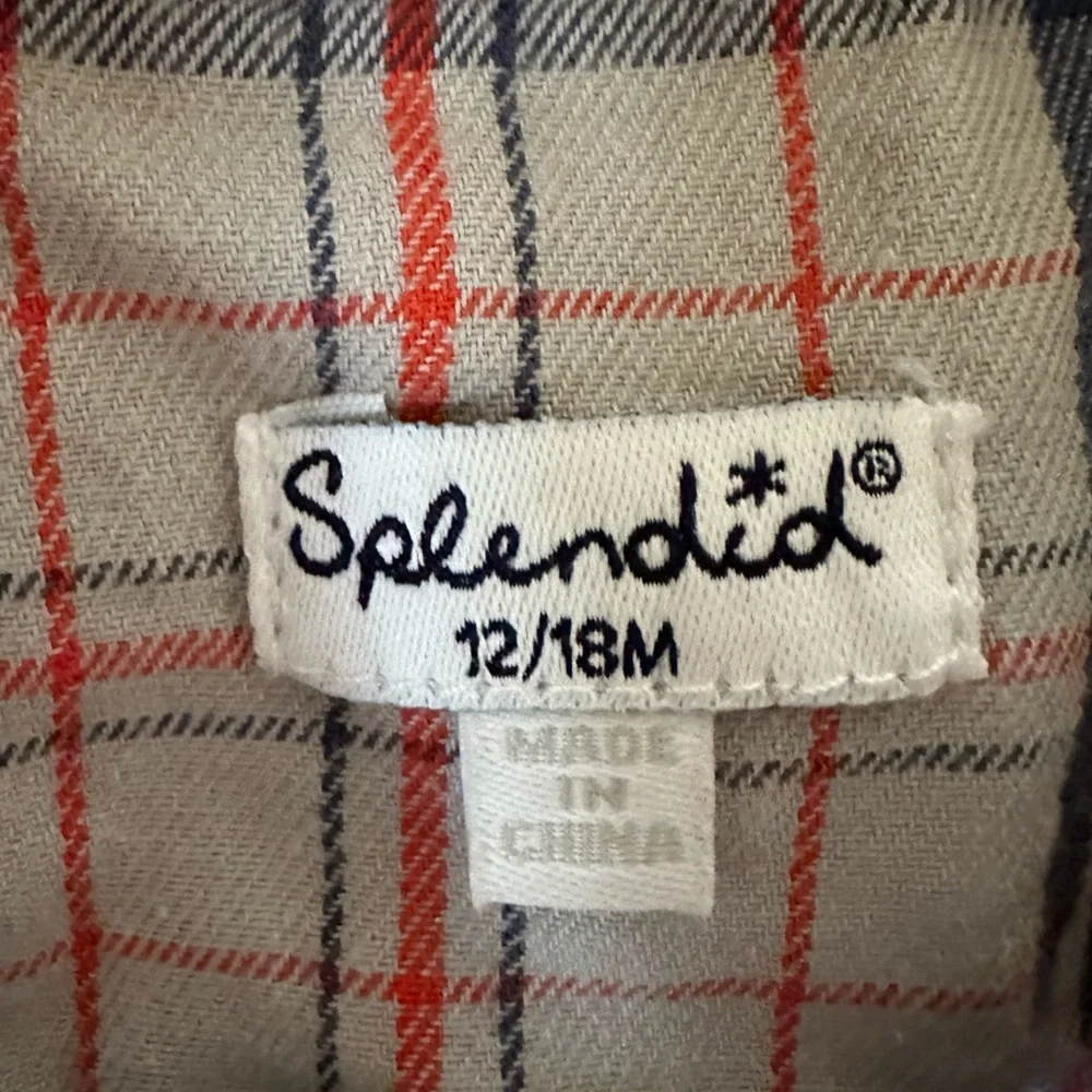 👶🏻 SPLENDID BABY Boys Button Down Shirt 12-18 months tan red blue euc